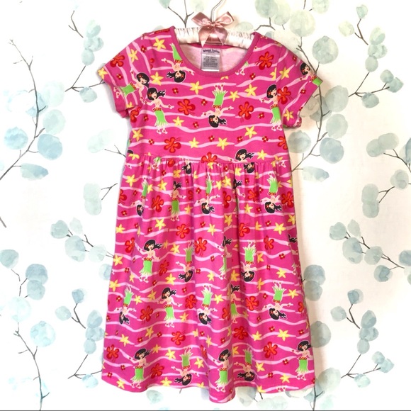 Kids Summer Floral Stripe Pink Red Yellow Hawaiian Hula Dress Oriental Trading - Picture 1 of 10